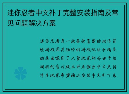 迷你忍者中文补丁完整安装指南及常见问题解决方案